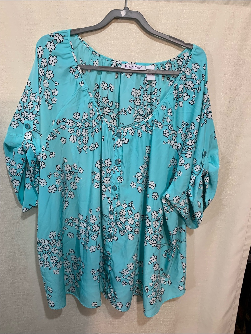 Roaman's Teal Floral Scoop Neck Tunic button down A1/12